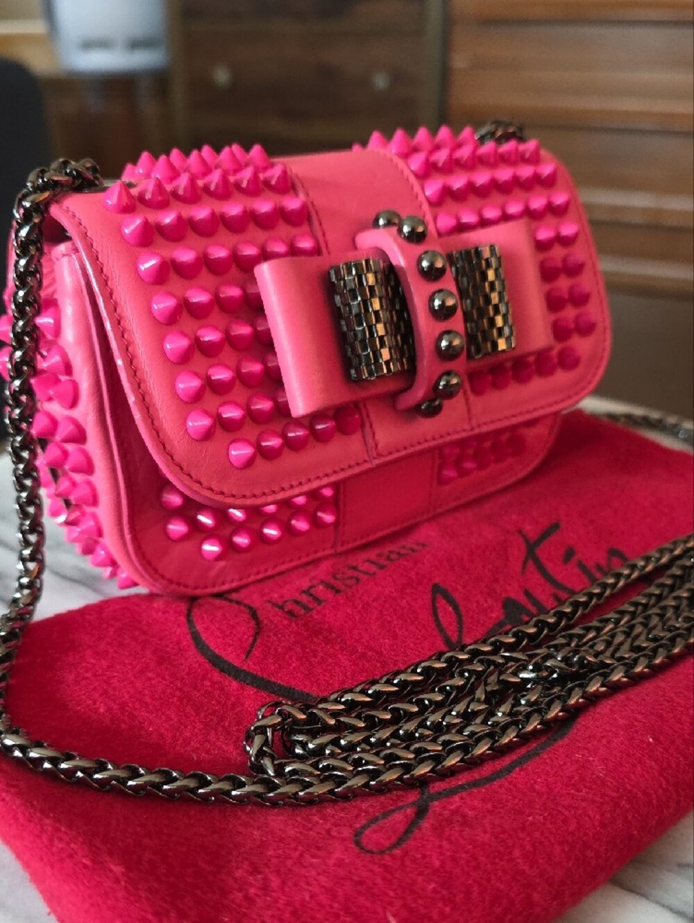 Christian Louboutin "Sweet Charity" Hot Pink Spike-Trim Bow Crossbody Bag 💖 - Picture 9 of 17